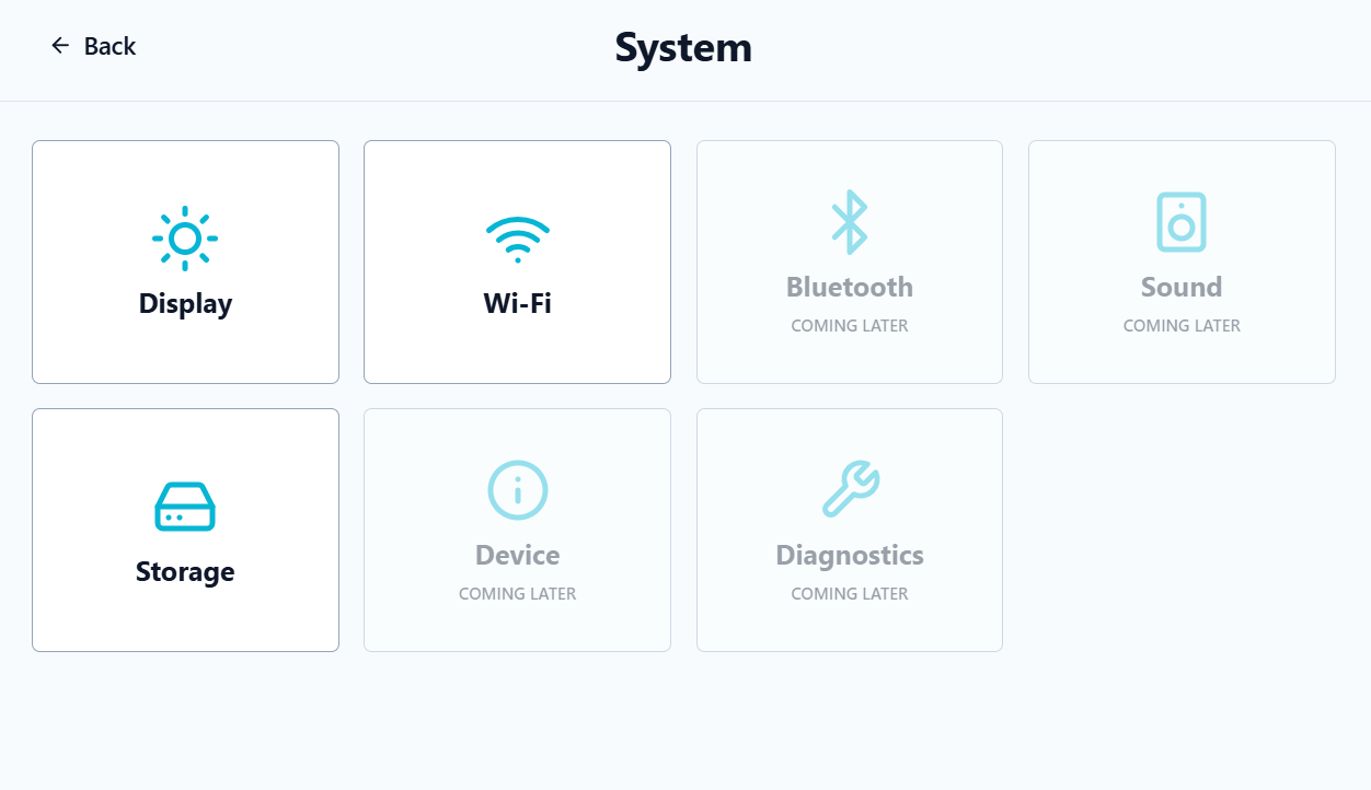 ForgeUI Studio System Launcher showing Display, Wi-Fi and Storage